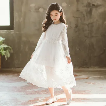 Elegants Balts Mežģīņu Ziedu Kleitu Kāzām ar garām Piedurknēm līnijas Meitenes Princess Puse Komūniju Gājienā Vestidos Vecuma 8 10 12 14