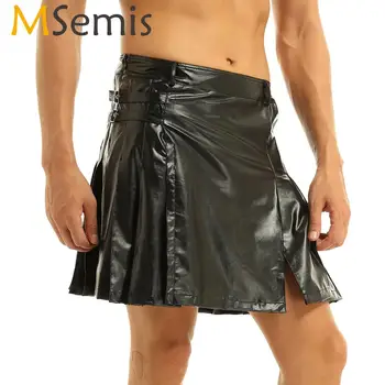 MSemis Mens Svārciņi Vīriešiem Mākslīgās Ādas kilts par Geju Spēlē Gladiator Kroku Sadalīt Wrap Stila Lietderība Svārciņi par Cosplay Clubwear
