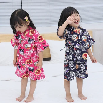Austrumu Japāņu Stila Tradicionālo Yukata Bērniem Meiteņu Pidžamu Sleepwear Kokvilnas Ērti Cute Karikatūra Kimono Jinbei Komplekts