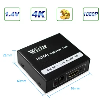 Wiistar HDMI Splitter 1x2 HDMI 1.4 Converter 1080P 1 2 No Pārslēdzēja 4Kx2K HDMI Komutatoru 2 Ports