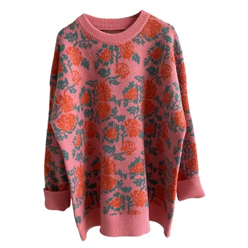 2020 Jaunu Vintage Stila Slinks Vēja Angoras Trušu Kažokādas Džemperis Sievietēm Retro Ziedi O Kakla Polsterēta Džemperi, Topi Modes Sieviešu