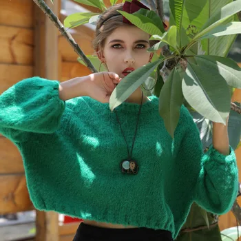 Modes Sieviešu Mohēra Kultūru Džemperis Adītas Īss Džemperis Sievietēm Zaudēt Zaļš Džemperis Salds Pull Femme Puff Piedurknēm A190