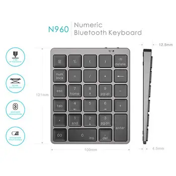 Alumīnija Sakausējuma 28 Atslēgas, Bluetooth Bezvadu Ciparu Tastatūru, Ultra-thin Mini Portatīvo Uzlādējams Office Home Numpad