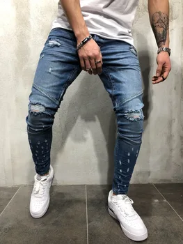 Streetwear hip hop vīriešiem zila ceļa Ripped Izdilis džinsi vīriešu iznīcināta Stiept kokvilnas Motociklu Joggers džinsa bikses Plus Izmērs XXXL