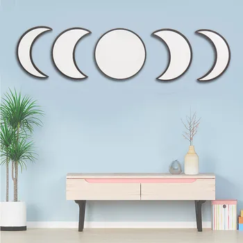 Nordic Style Koka Moonphase Spogulis Uzstādīt Bohēmijas Apdare Mēness Fāzes Spogulis Set Home Bērnu Istabas Dekori, Mēness Fāzes, Sienas Spogulis