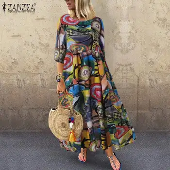 Vintage Iespiesti Maxi Kleita Sieviešu Vasaras Sundress ZANZEA ir 2021. Gadījuma 3/4 Piedurknēm Tunika Vestidos Sieviešu Kroku Drēbes Plus Izmēra