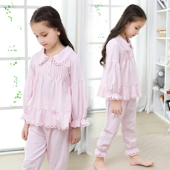 Meitene Pidžamas Komplekts Bērniem Mājās, Auduma Meiteņu Kokvilnas Pidžamas Ar Garām Piedurknēm Ar Mežģīņu Gudrs Bērniem Princese Retro Sleepwear Gudrs Naktsveļu