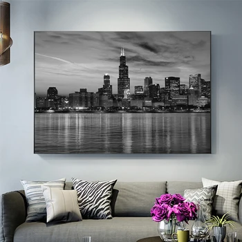 Skyline Čikāgas Audekls Mākslas Izdrukas Nakts Skats Pilsēta Plakāti un Izdrukas Audekls Gleznošanai Guļamistabai Cuadros Dekoru bez rāmīša