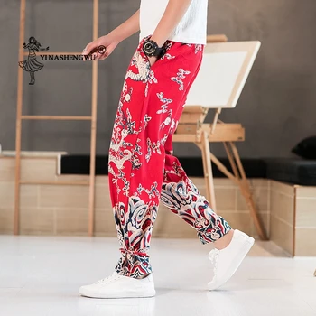 Drukāt Bikses Kimono Bikses Vīriešu Japānas Stila Gadījuma Plānas Bikses Āzijas Apģērbu Roku Darbs Plāksnes Pogas Bikses