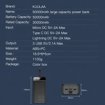 KUULAA Power Bank 50000mAh Portatīvo Uzlādes PowerBank 50000 mAh USB PoverBank Ārējo Akumulatoru Lādētāju Xiaomi Mi iPhone 9 8