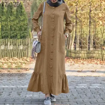 ZANZEA Vintage Musulmaņu Sieviešu Kleita Rudens garām Piedurknēm Dubaija Abaya Turcija Hijab Sundress Cietā Islāma Apģērba Ruffles Vestidos
