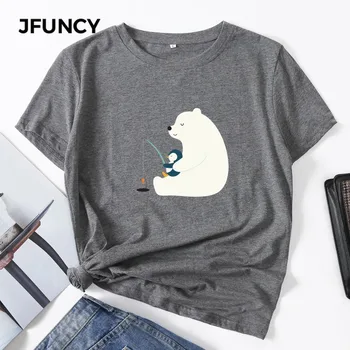 JFUNCY Plus Lieluma 2020. Gada Vasaras Sieviešu Kokvilnas Topi leduslācis Antarktīdas Pingvīnu Iespiestas Grafikas Krekli ar Īsām Piedurknēm Sievietes T-krekls