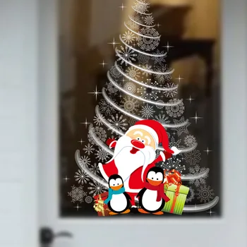 Radošās Ziemassvētku Eglītes, Sienas Uzlīmes, Skatlogu Stikla Durvju Rotājumi Karikatūra Santa Claus Pingvīns Noņemamas Vinila Uzlīmes