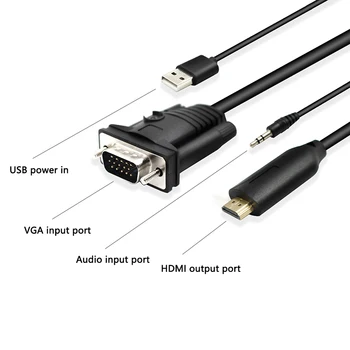 1.8 M Vīriešu Vīriešu, VGA Audio uz HDMI Kabeli VGA2HDMI Adapteris Pārveidotājs ar Audio USB PORTS TV AV HDTV Video Kabeli ar Datoru,