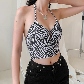 Zebra Modelis Veste Sexy Sievietes Izšūšanas Kulons Kakla Pavada Pakļauti Nabas Y2k Kamzolis Melna Balta Svītraina Sieviešu Tops