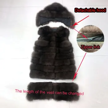 Nekustamā fox kažokādas veste ziemas sievietes kapuci ilgi kažokādas veste Ziemas silta jaka, veste, Noņemams jumtiņš Pielāgojama liela izmēra 7XL 6XL