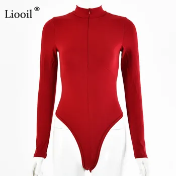 Liooil Black Sexy Bodysuit Zip Up Ķermeņa Tērpi Topi Sievietēm Ir 2021. Garām Piedurknēm O Kakla Puse Bodycon Kombinezonus Balts Kluba Jumpsuit