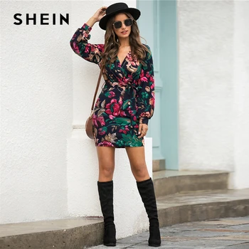 SHEIN V Kakla Ziedu Drukāt Gadījuma Siksnas Zīmulis Kleita Sieviešu Rudens Streetwear Augsta Vidukļa Multicolor Garas Piedurknes Īsas Kleitas
