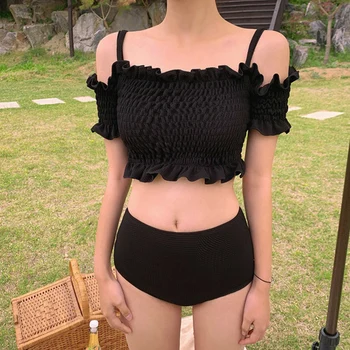 Jaunā Korejiešu Stilā Sexy Hem Bikini Komplekts Vidū Vidukļa Peldkostīms Sievietēm Biquini Uzvalks Divi Gabali Peldkostīmi Melns Peldkostīms Augstas Kvalitātes