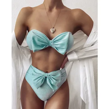 2020. Gada Vasaras Sieviešu Personalizētu Spilgti Vadu Bowknot Bikini Seksīgu Augsta Vidukļa Tīrtoņa Krāsu Sexy Backless Bikini, Peldkostīmi, Beachwear