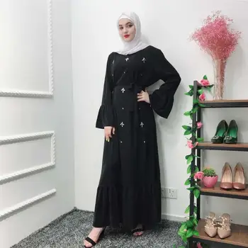 Roku darbs dimanta frēzēšana musulmaņu peignoir Halāti syari Dubaija Modes sieviešu pilna garuma ruffles Abaya Musulmaņu Kleita ar jostu