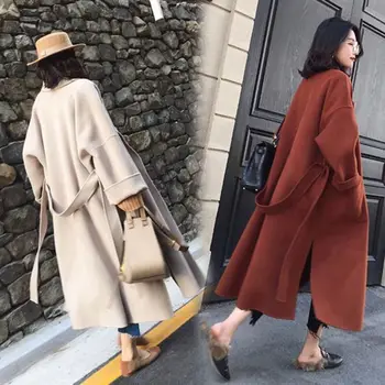 Plus Lieluma, Mīksti Vilnas Maisījums Mētelis Sievietēm Korejas Modes Cietā Ilgi, Mēteļi 2019 Rudens Ziemas Jauna Dāma Ar Elegantu Jostu Streetwear