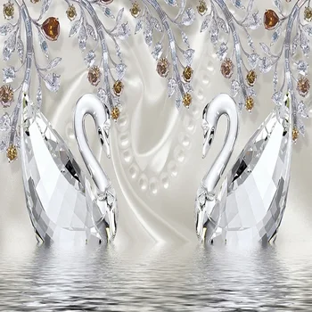 Foto Tapetes 3D Stereo Crystal Diamond Gulbju Ezers Romantiskas, Skaistas Rotaslietas TV fonā Mūra Sienas, Eiropas tipa 3 D Dekori