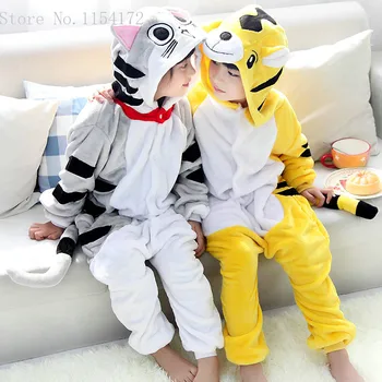 Kigurumi Apģērbu Tiger Dzīvnieku Pidžamu Kaķu Kostīmi Unisex Bērniem Drēbes Zēniem, Meitenēm, Flaneļa Sleepwear Drēbes Onesies Pyjama