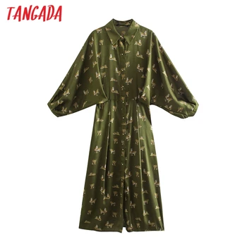 Tangada ir 2021. Modes Sieviešu Leopard Print Zaļš Brīvs Krekls, Kleita ar garām Piedurknēm High Street Dāmas Midi Kleitu 5Z62