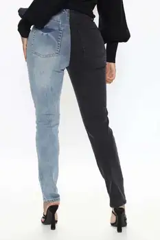Ir 2021. Karstā Pārdošanas Melna Zila Kontrasta Krāsu Augsta Vidukļa Džinsus Sieviešu Modes Caurumu Stiept Džinsa Zīmuli Bikses Hipster Bikses