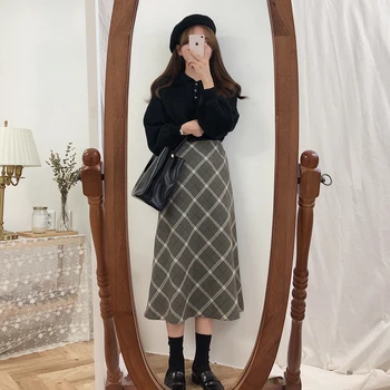 Plus Lieluma Harajuku Ilgi Svārki korejas pelēks Pleds Svārki Sievietēm Rāvējslēdzēju Augsta Vidukļa Skolā Meitene Kroku Pleds Svārki vintage Ilgi Svārki