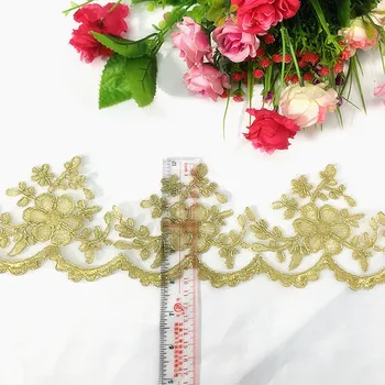 Zelta Ziedu Izšuvumu Mežģīņu Audumu 5 Metri/Daudz 3D Ziedu Kāzu Kleitu Aplikācijas Mīksta Neilona Tilla ar Sudraba ziedu 10cm