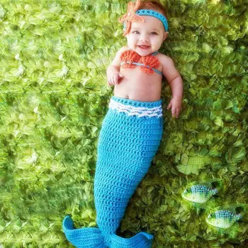 Blue Mermaid Jaundzimušais Zīdainis, Zēns, Meitene Bērnu Beanie Kostīmu Foto Foto Aksesuāri Adīt Tamborēt Roku Darbs