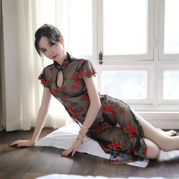 Sieviešu Sexy Apakšveļa Ķīniešu Stilā Cheongsam Kleitu Izšūtu HollowOut Sadalīt Svārki Pārsējs Qipao Meitene Pidžamas Naktskrekls Vintage