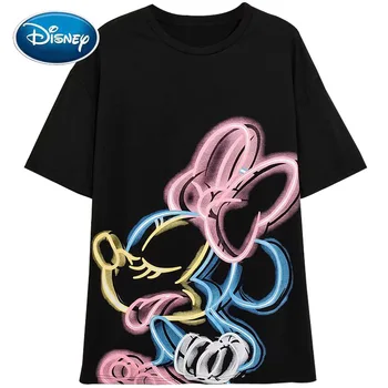 Disney T-Krekls Modes NEONA Grafiti Minnie Mouse, Karikatūra Izdrukāt Sieviešu T-Krekls ar O-veida Kakla Īsām Piedurknēm Kokvilnas t-veida Topi, Sieviešu Melns
