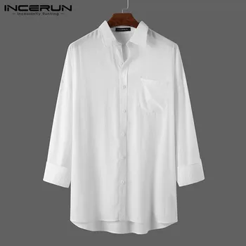 INCERUN Vīriešu tērpu Kreklu Atloks tīrtoņa Krāsu Streetwear Ir 2021. garām Piedurknēm Biznesa Ikdienas Krekli Vīriešu Rudens Modes Zaudēt Camisas