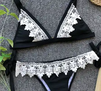 JAUNS Melnais Pludmali, Valkāt Izgriezt Mežģīņu Bikini Komplekts Biquini Sexy Thong Peldmēteļi, 2 Gab Peldkostīmi Sieviešu Push Up Pārsējs peldkostīms 2019