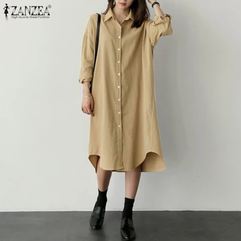 Sieviešu Krekls Sundress ZANZEA ir 2021. Stilīgs Rudens Kleita ar garām Piedurknēm Vidum Teļš Vestidos Sievietes Pogu Ikdienas Drēbes Plus Izmēra 5XL
