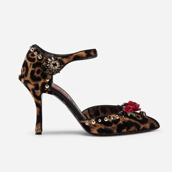 Sexy Rožu Ziedu, Leoparda Augstpapēžu Kurpes Norādīja Toe Dizaineru Modes Mary Janes Oficiālu Kurpes Sievietēm