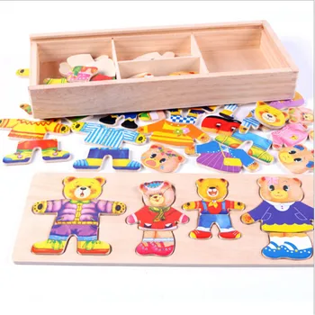 Karikatūra 4GAB Lācis Kleita Mainās Jigsaw Puzzle Koka Rotaļlietas Montessori Izglītības Mainīt Drēbes, Rotaļlietas Bērniem, Dāvanu