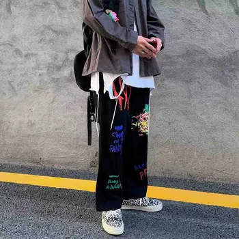 Arī klasiskajā Vīriešu Ikdienas Garās bikses pāri korejas lielās ielas grafiti drukāšanas taisni elastīgs viduklis kombinezoni Augstās Jostasvietas Bikses