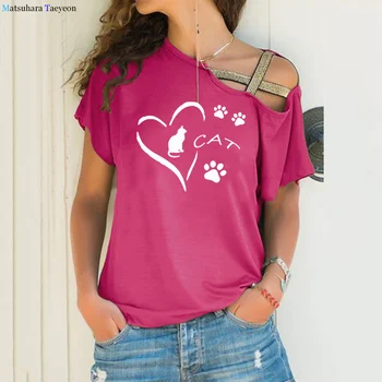Mīlestība Sirdī Ķepu Kaķim Drukāt Dobi no Īsām piedurknēm Plus Lieluma Sieviete Tshirts Ielu Modes, Sexy T-krekls Vasaras Kokvilnas Top Dāmas