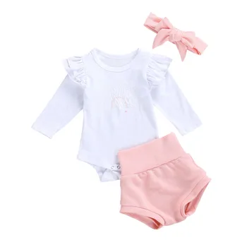 3Pcs Jaundzimušā bērna Baby Meitenes Kritums Apģērbu ar garām Piedurknēm Izšuvumi Varavīksnes Savirmot Romper + Rozā Bikses + Galvas Komplekts 0-18M