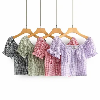 Sieviešu Pleds Drukāt Puff Piedurknēm T-Krekls Laukumā Apkakles Topi Modes Ruffles Īsām Piedurknēm T-krekli