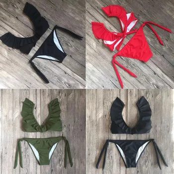 Sexy Push Up Bikini 2019 Savirmot Cietā Krūšturis Komplekti Sarkans Melns Zaļš Sievietēm, Dāmām, Peldbikses, Peldkostīmu 2 Gabali Noteikts Augsts Viduklis, Peldēšanās
