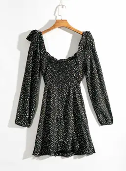 Melna šifona kleita sievietēm polka dot mežģīnes up ilgi puff piedurknēm gadījuma streetwear rudens puse kleita femme drēbes jaunpienācēji 2019