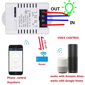 2.4 G Wifi Smart Slēdzis, Relejs 16A Tuya Smart Dzīves App Bezvadu Tālvadības pults Darbojas ar Alexa Ifttt, Google, Home, Mini