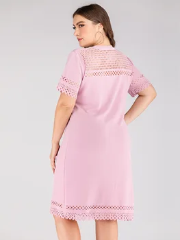 Pavasarī, vasarā plus lieluma kleita sievietēm lielu brīvs gadījuma mežģīnes īsām piedurknēm, elegants dobi no O kakla kleitas rozā 4XL 5XL 6XL