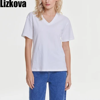 Lizkova Kokvilnas Sieviešu Tshirts Balts V-veida kakla Īsām Piedurknēm Mujer Camisetas 2021. Gada Pavasarī tīrtoņa Krāsu Soft Gadījuma Topi 6001