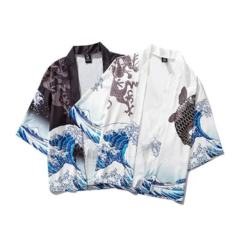Samurai Vīriešu Kimono Haori Vilnis Pūķis Drukāt Plānas Brīvs Stils Yukata Jaka Jaka Japāņu Tradicionālo Kurpes Gītā Koka Tupelēm Koka